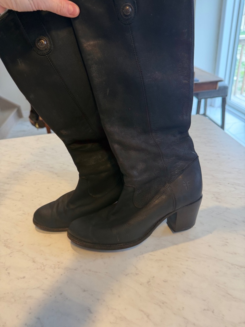 Frye Black Leather Knee-High Heeled Boots